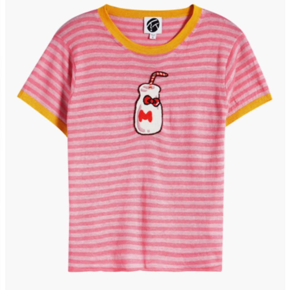 Sanrio Hello Kitty® Milk Bottle Embroidered Stripe Linen T-Shirt